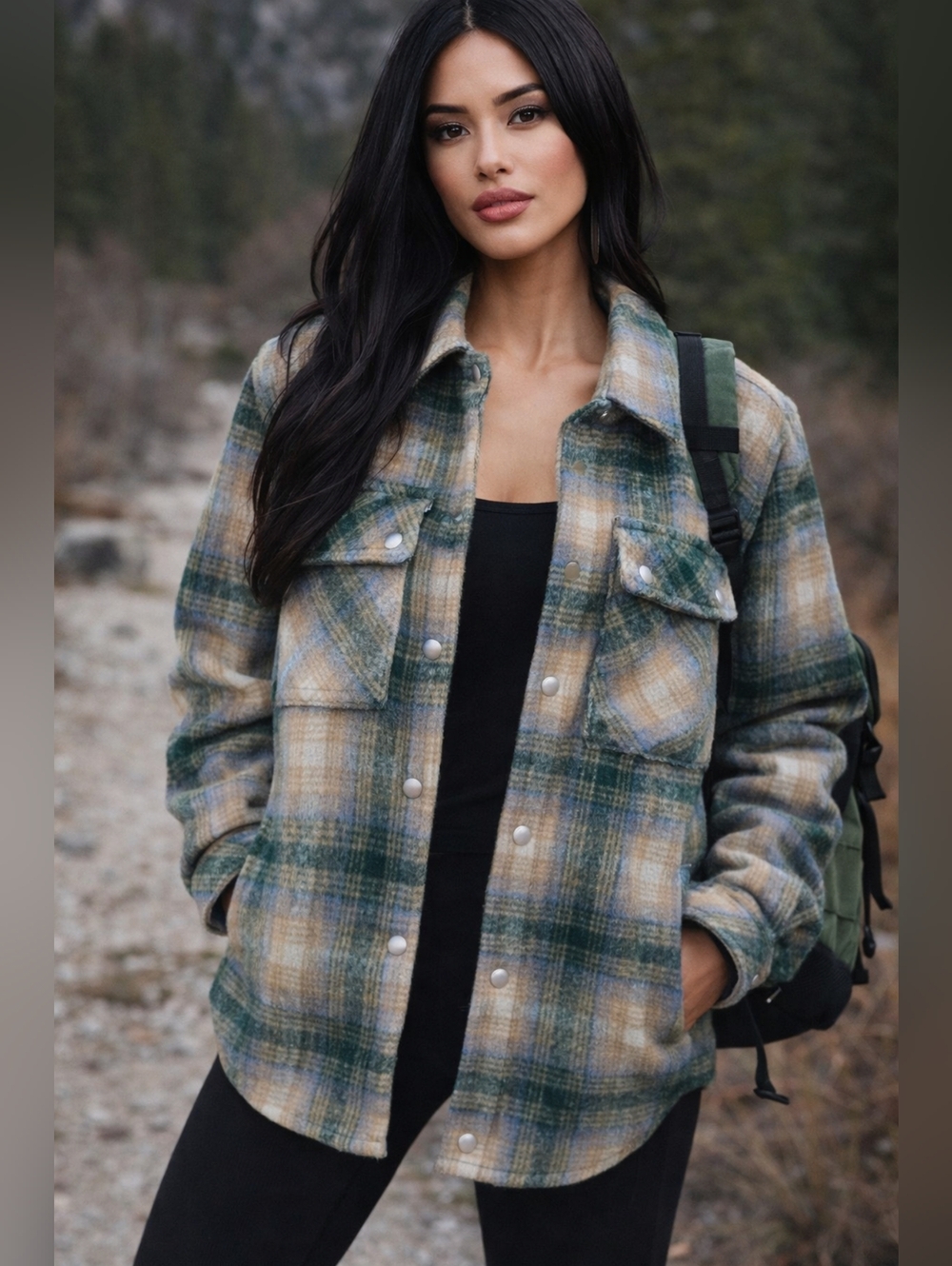 BLANKNYC Plaid Wool Blend Shirt Jacket Shacket Green Blue Tan Snap Front Size M